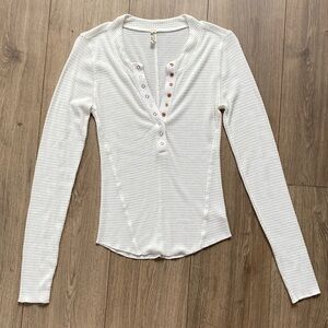 Free People White Waffle Textured Henley Long Sleeve